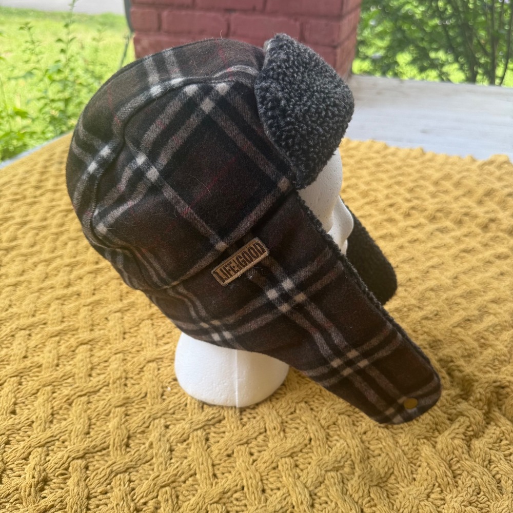 Life is Good Plaid Trapper Hat Brown Wool Blend Faux Shearling Lined L/XL Winter